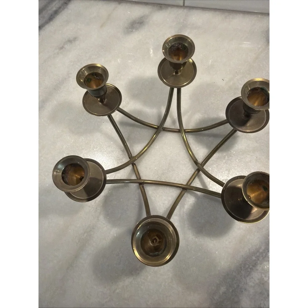 Brass Mid Century Modern 6 Candle Holder Candelabra Centerpiece  002
